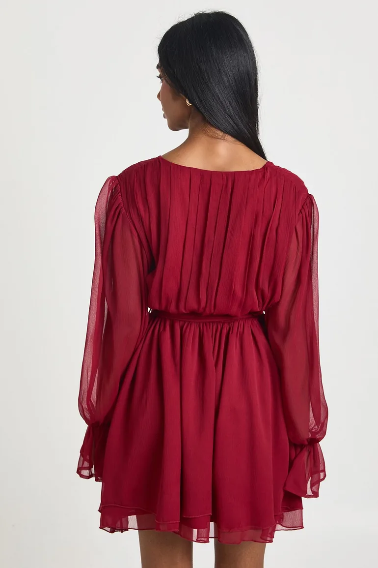 Chiffon Volume Sleeve Tie Waist Mini Dress - merlot - 2