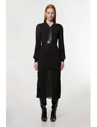 Woven Sleeved Pleated Dress With Pu