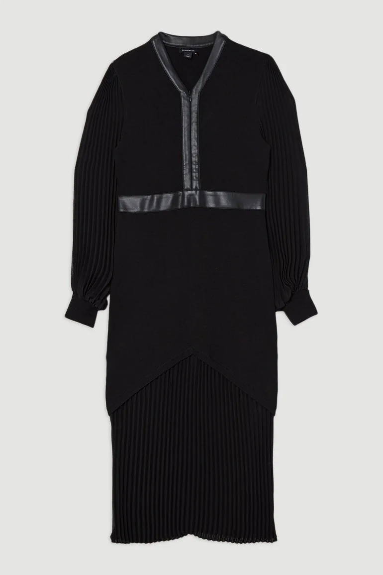 Woven Sleeved Pleated Dress With Pu - 3