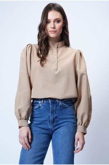 Women's Mink Judge Collar Half Placket Balloon Sleeve Poplin Shirt Blouse