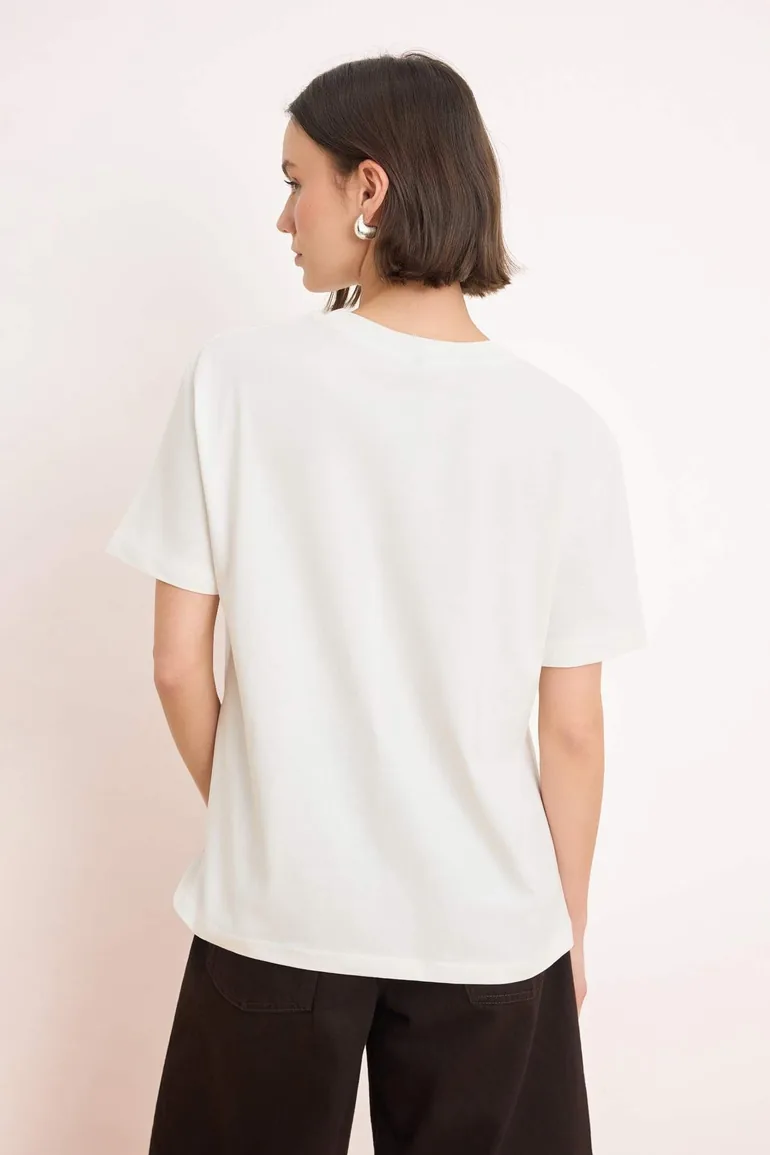 Ecru Printed Oversize/Wide Fit Short Sleeve 100% Cotton Knitted T-Shirt - 3