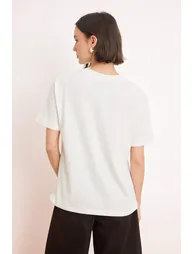 Ecru Printed Oversize/Wide Fit Short Sleeve 100% Cotton Knitted T-Shirt - 3