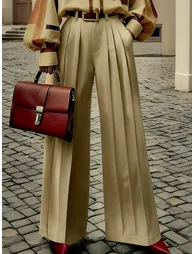High Waisted Wide Leg No Belt Pleated Pockets Solid Color Pants Trousers - 10