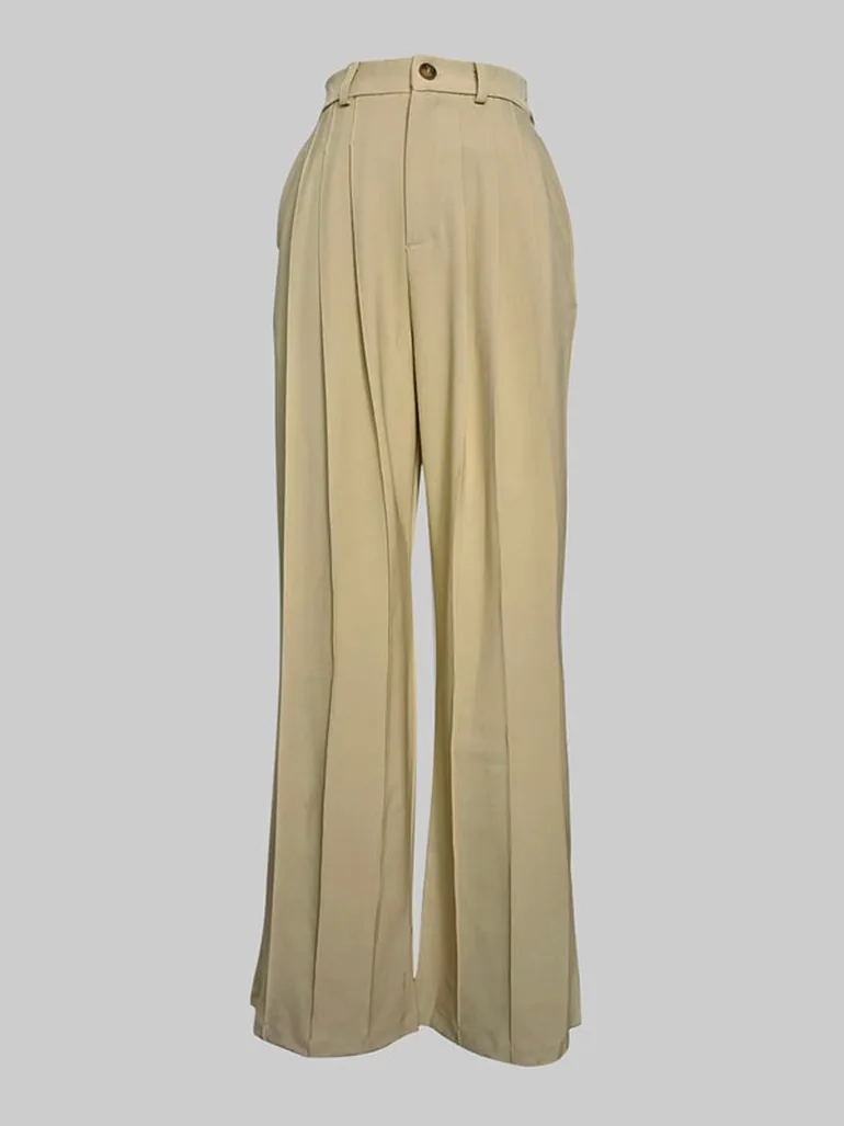 High Waisted Wide Leg No Belt Pleated Pockets Solid Color Pants Trousers - 4