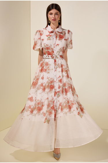 Floral Puff Sleeve Maxi Dress With Belt