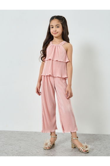 Girls Pink Pleated Strappy Top and Pants Set