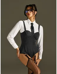 Rogena Collar Shirt Bodysuit Set In Black - 1