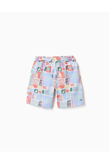 Swim Shorts With Colourful Print And Drawstring For Boys, Multicolour