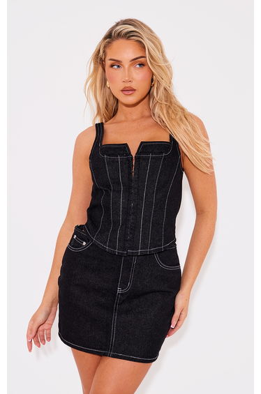 Black Denim Corset Contrast Stitch Top