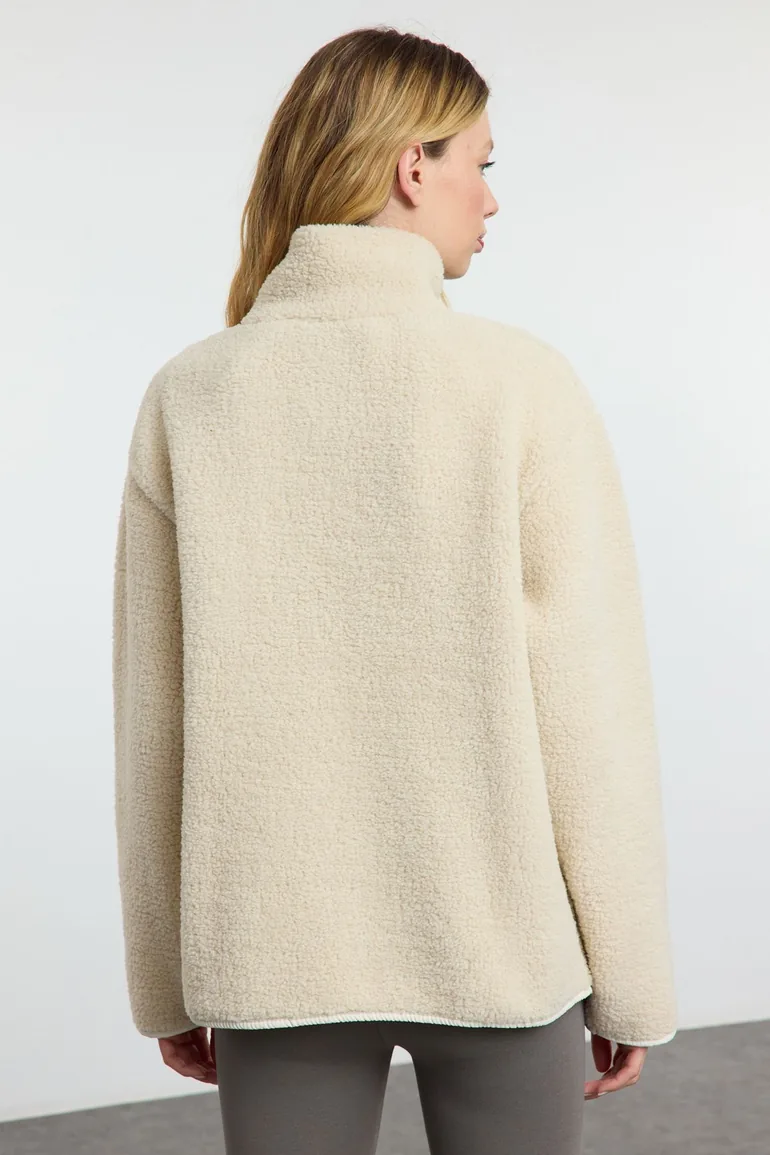 Winter Essentials Stone Thick Fleece Zipper Stand Collar Pocket Knitted Sweatshirt - 3