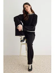 Black Sweater-Pants Striped Color Block Knitwear Bottom - Top Set - 7