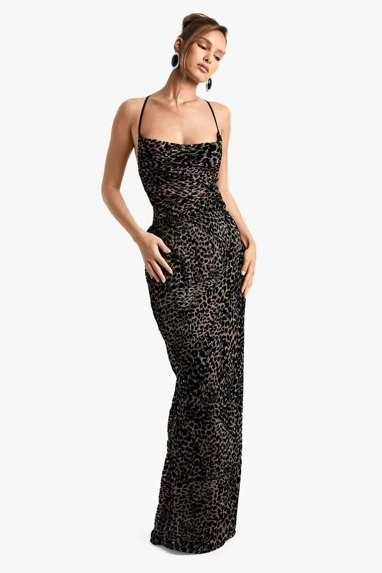 Leopard Devore Cowl Neck Tie Back Floor Length Dress