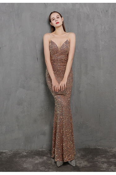 Mesh Inserted Sequined Mermaid Cami Gown in Brown