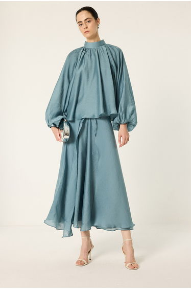 Balloon sleeve ruffled tunic and skirt set