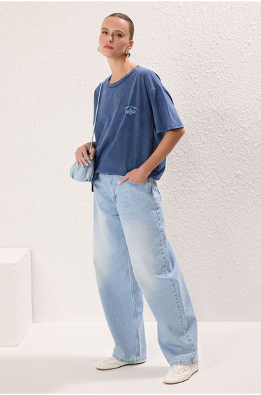 Indigo Washed and Back Printed Oversize/Wide Pattern Knitted T-Shirt