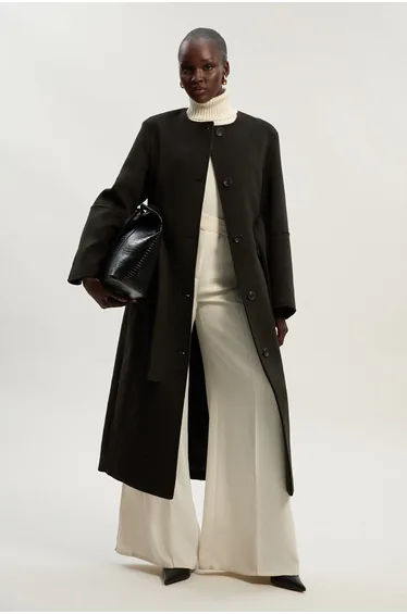 Brushed Wool Single Breasted Belted Tailored Maxi Coat