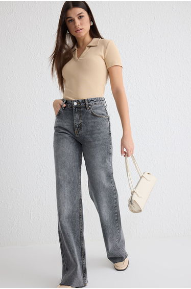 Grey Cut-Out Normal Waist Wide Leg Jeans