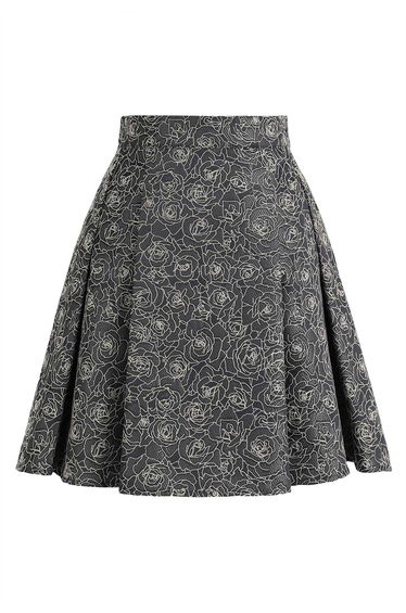 Artistic Rose Embroidery Pleated Flare Mini Skirt in Grey for Travel Days & Weekend Brunch