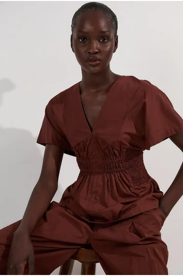 Shirred Cotton Woven Plunge Neck Short Sleeve Top