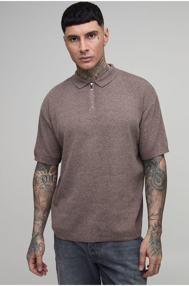Tall Oversized Boxy 1/4 Zip Cotton Blend Knitted Polo - brown