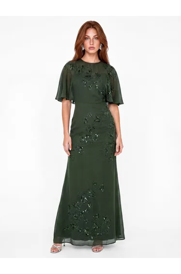 Maya Forest Green Floral Embellished Angel Sleeve Maxi Dress