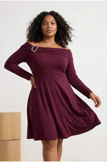 Plum Carmen Collar Accessory Detailed Knitted Plus Size Dress