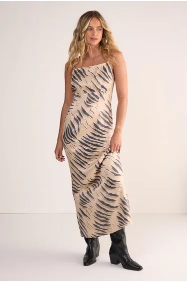 Premium Satin Tiger Cowl Back Strappy Maxi Dress