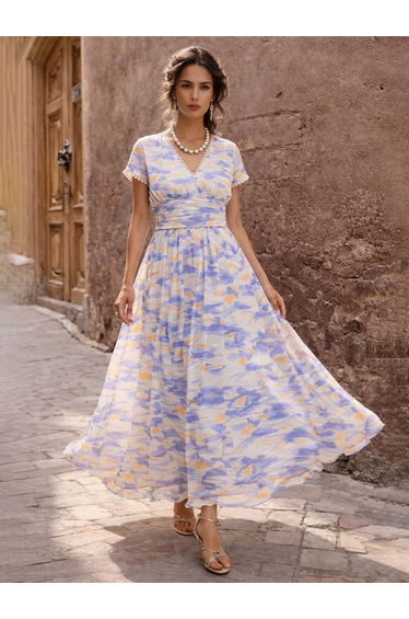 Lavender and Off-White Aztec Print Cap Sleeves Maxi Dress