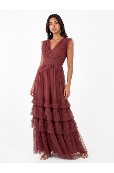 Anaya With Love Recycled Rusted Rose Flutter Sleeve Ruffle Maxi Dress