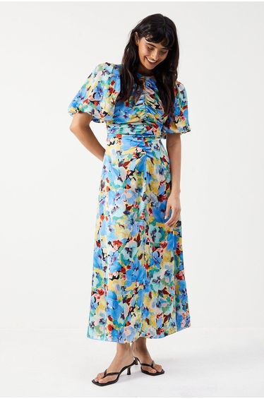 Satin Ruched Front Puff Sleeve Midi Dress