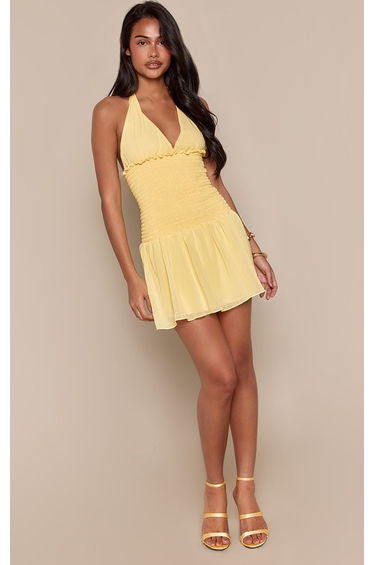 Lemon Chiffon Halterneck Ruched Bodice Mini Dress