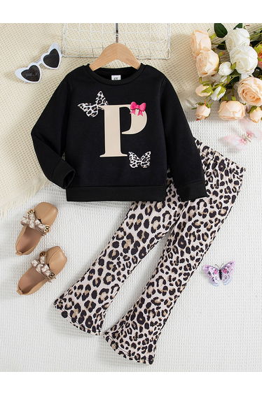 Girls Graphic Print Sweatshirt with Leopard Print Pants Set