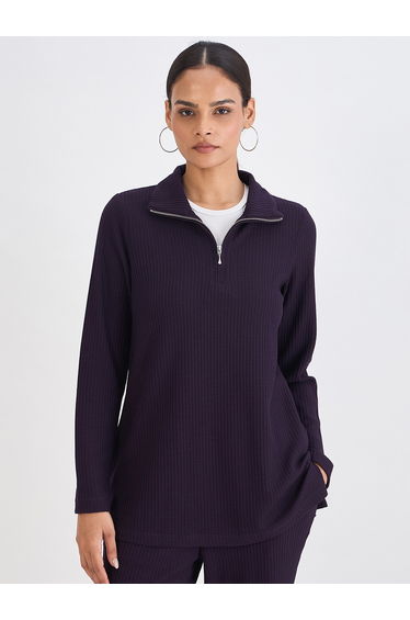 Women Deep Purple Waffle Knit High Neck Top