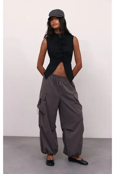 Charcoal Cargo Drawstring Waist Wide Leg Trousers
