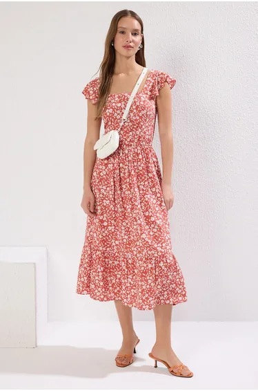 Floral A-Line Midi Smock Dress with Ruffles