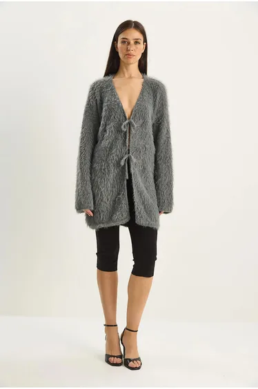 LUCCI Textured V-Neck Midi Cardigan with Tie Closure