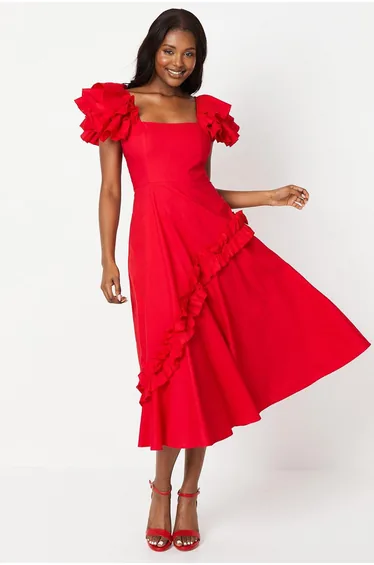 Frill Sleeve Ruffle Skirt Cotton Midaxi Dress