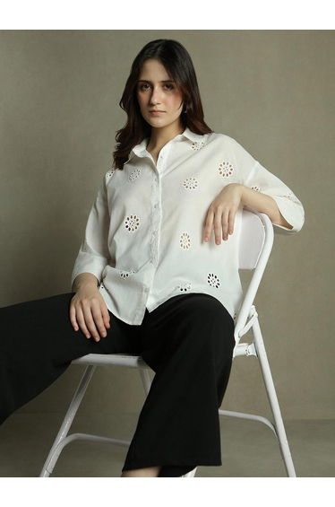 White Relaxed Fit Schiffli Casual Shirt