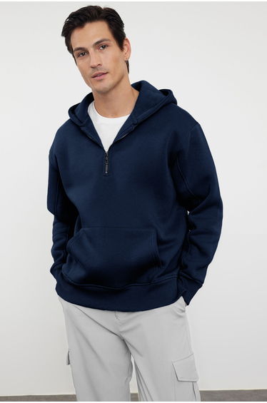 Navy blue oversize/wide cut zippered hooded fleece lined basic sweatshirt