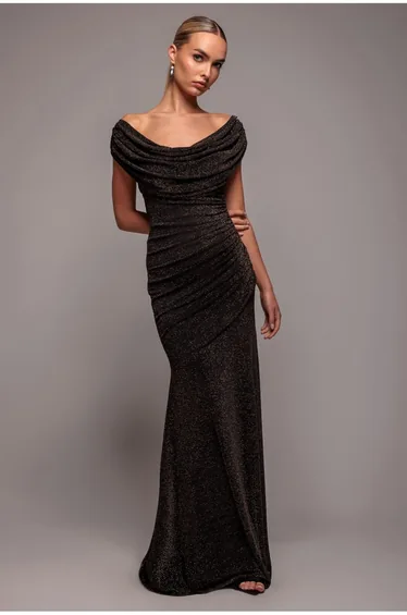 Goddiva Sparkle Lurex Cowl Neck Off The Shoulder Maxi Dress - Black Gold