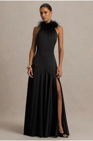 Jemima | Black Satin Halter-Neck Maxi Dress With Feather Trim