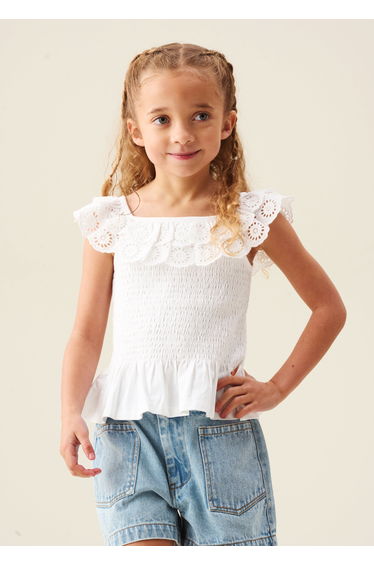 Charlie Broderie Frill Shirred Vest Top