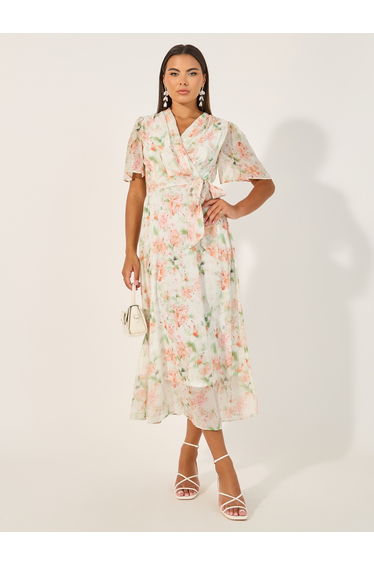 Floral Print Half Sleeves Midi Dress