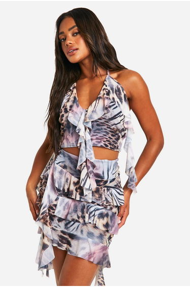 Leopard Mesh Ruffle Asymmetric Mini Skirt - leopard