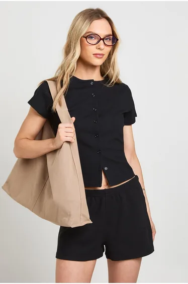 Petite Rib Short Sleeve Button Through Top And Short Set - black