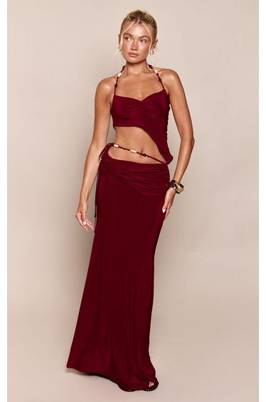 Wine Slinky Bead Detail Ruched Waist Maxi Skirt Co-ord product thumbnail 2
