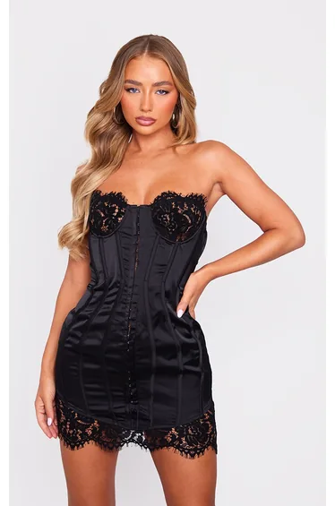 Black Lace Trim Satin Hook & Eye Detail Bandeau Bodycon Dress
