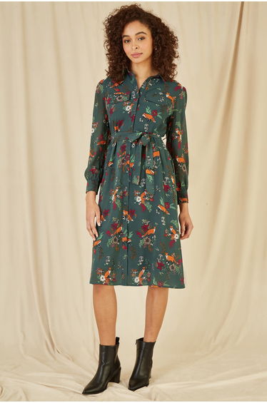 Yumi Recycled Green Fox Print Shirt Dress