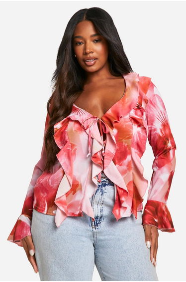 Plus Floral Ruffle Front Blouse - pink