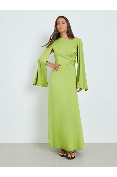 Green Asymmetric Neck Maxi Dress with Cape Sleeves